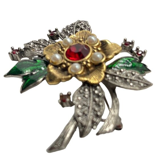Vintage Avon Festive Floral Brooch Pin Faux Pearl Red Rhinestones - Picture 12 of 13